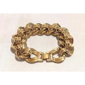 Vintage 80's MONET Chunky Wide Chain Link Bracelet Shiny Gold Tone 7.25" Heavy